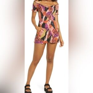 NWT BP. Off Shoulder Smocked Ribbed Romper - Orange Multi